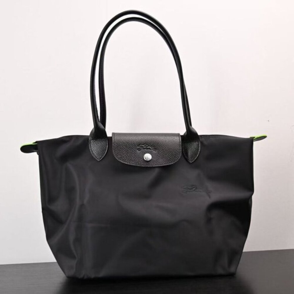 Longchamp Black Tote with Neon Green Trim
